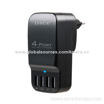 Portable Travel AC Charger with 4 Independent USB Ports, Charge 2 iPhone and 2 iPad Simultaneously